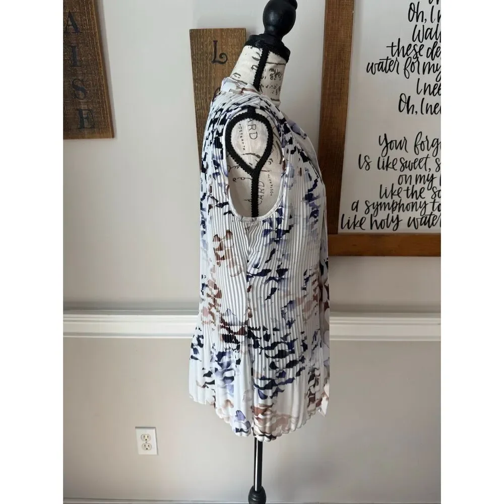 Donna Karan Women's Pleated Tie Neck Sleeveless Blouse Top White Tan Size Large - Picture 5 of 10